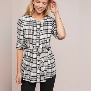 ANTHROPOLOGIE Womens Belted Plaid Tunic Size‎ 14 Black White Cotton Wool Button
